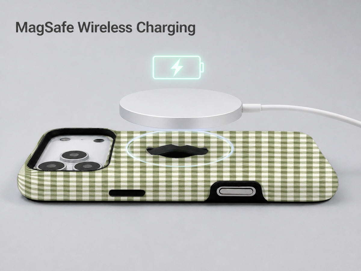 Olive Green and White Gingham MagSafe Loop Case, shown with a MagSafe wireless charger