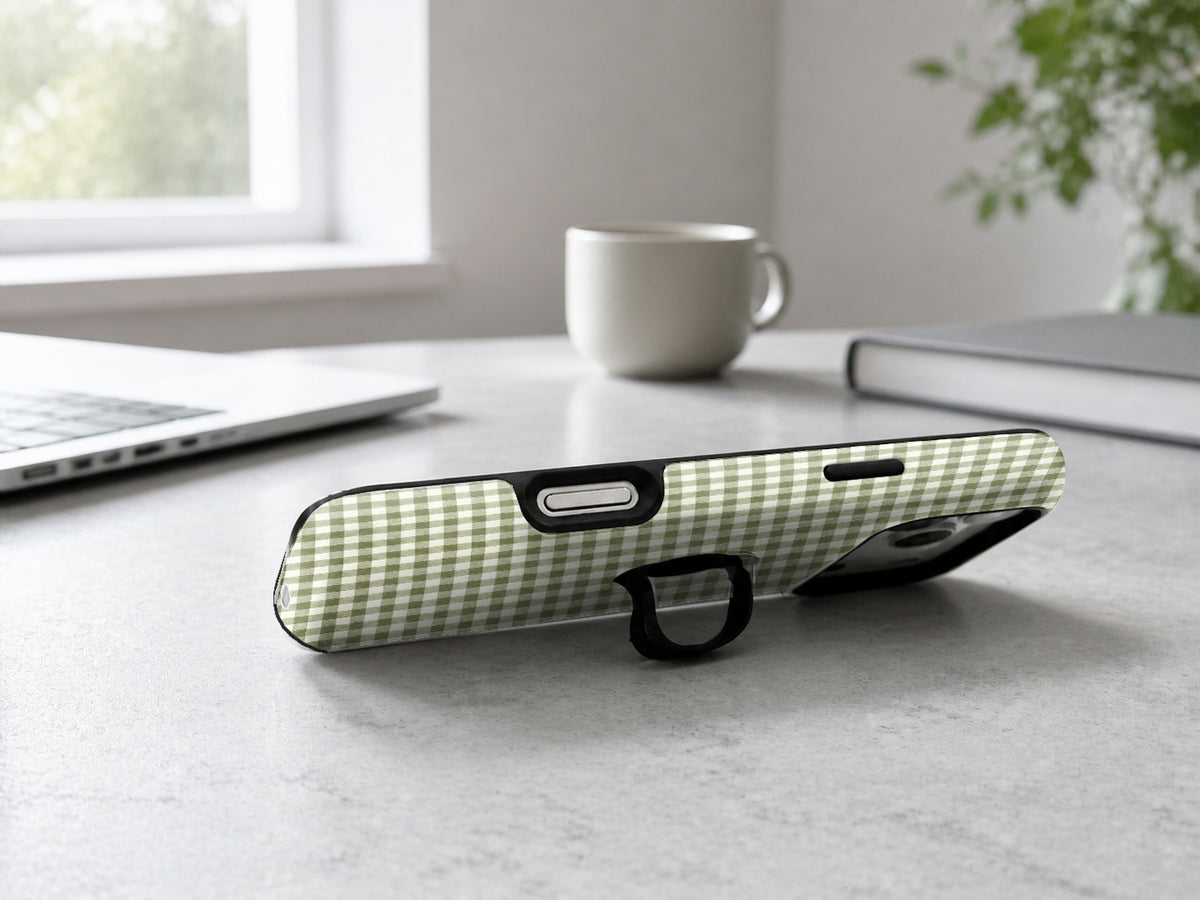 Olive Green and White Gingham MagSafe Loop Case, shown as a hands-free kickstand