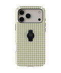 Olive Green and White Gingham MagSafe Loop Case, rear view with finger loop folded flat