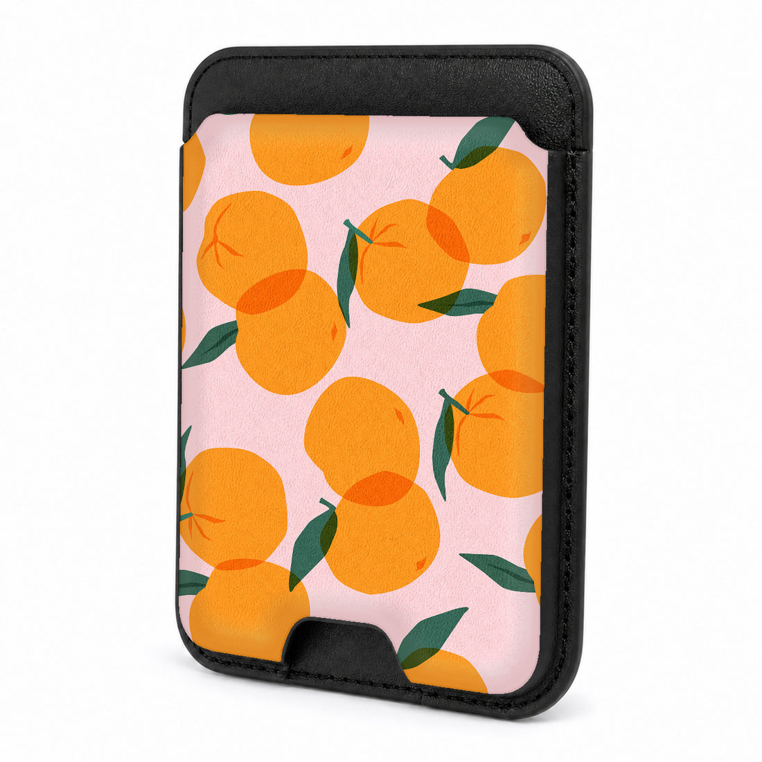 Front view of the Orange Fruit on Pink MagSafe card holder on a white background