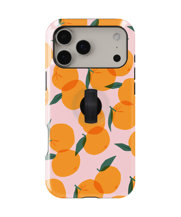 Orange Fruit on Pink MagSafe Loop iPhone Case with built-in finger loop closed