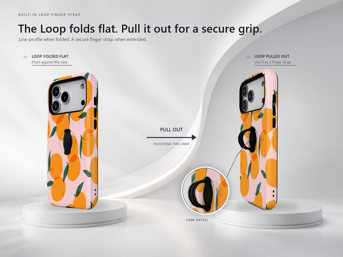 Orange Fruit on Pink MagSafe Loop iPhone Case side view showing the built-in finger loop