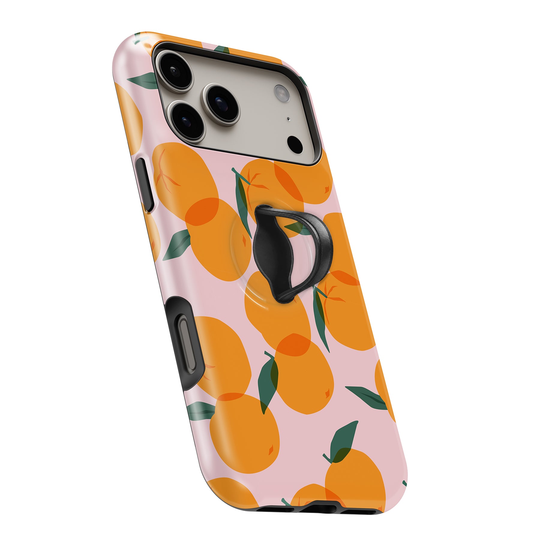 Orange Fruit on Pink MagSafe Loop iPhone case with built-in finger loop open
