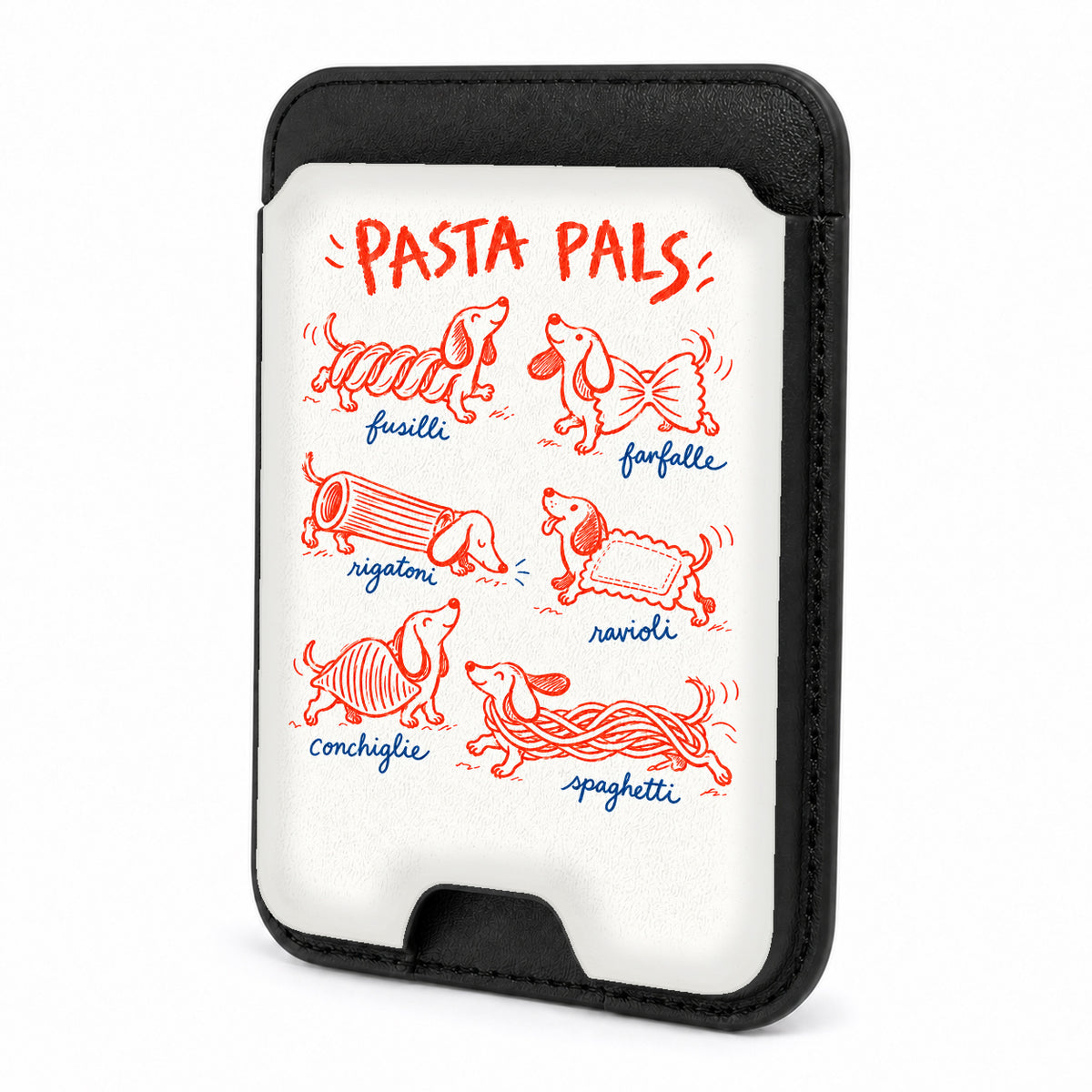 Pasta Pals Dachshund Doodles MagSafe Card Holder, front view with complete card-holder artwork