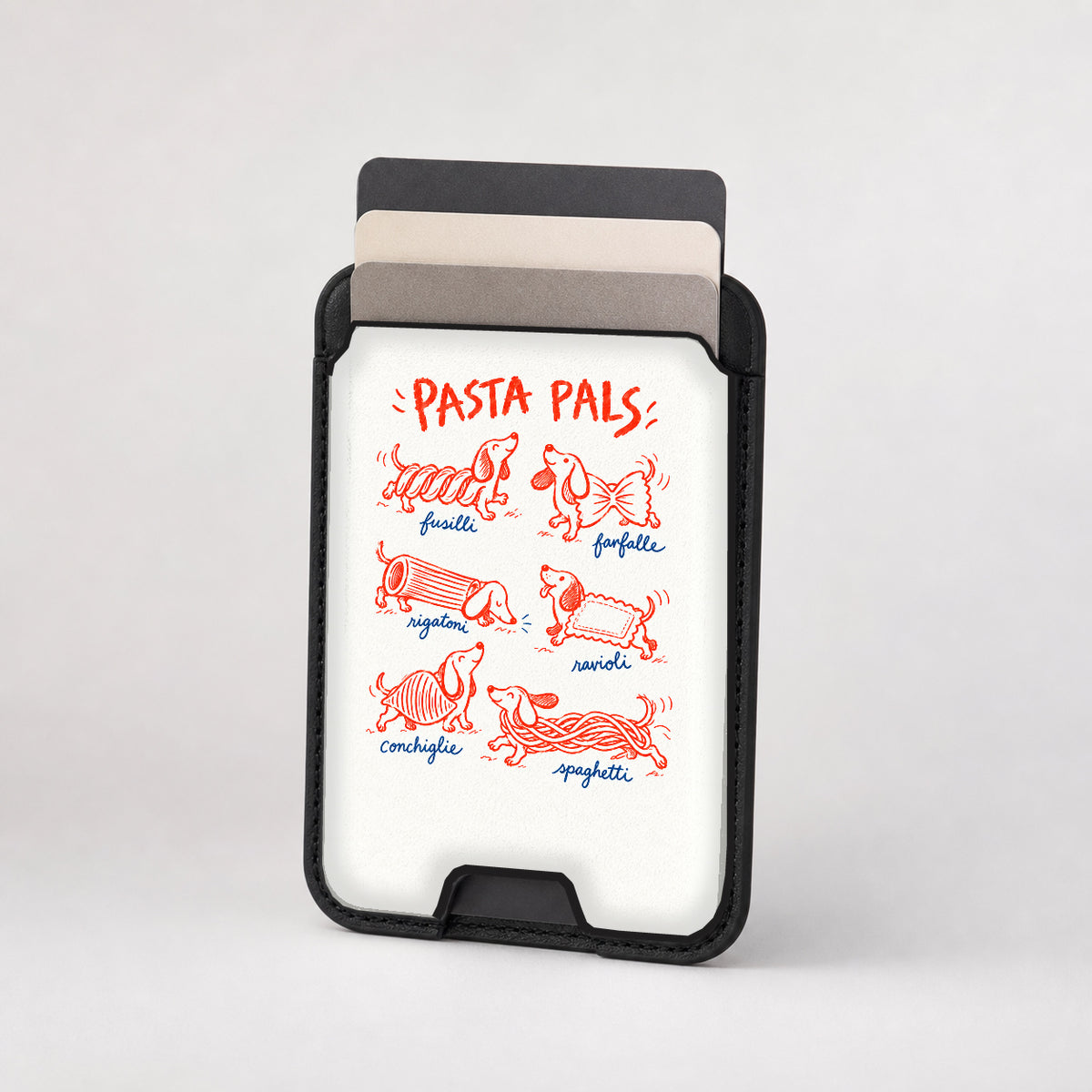 Pasta Pals Dachshund Doodles MagSafe Card Holder, card storage shown with cards