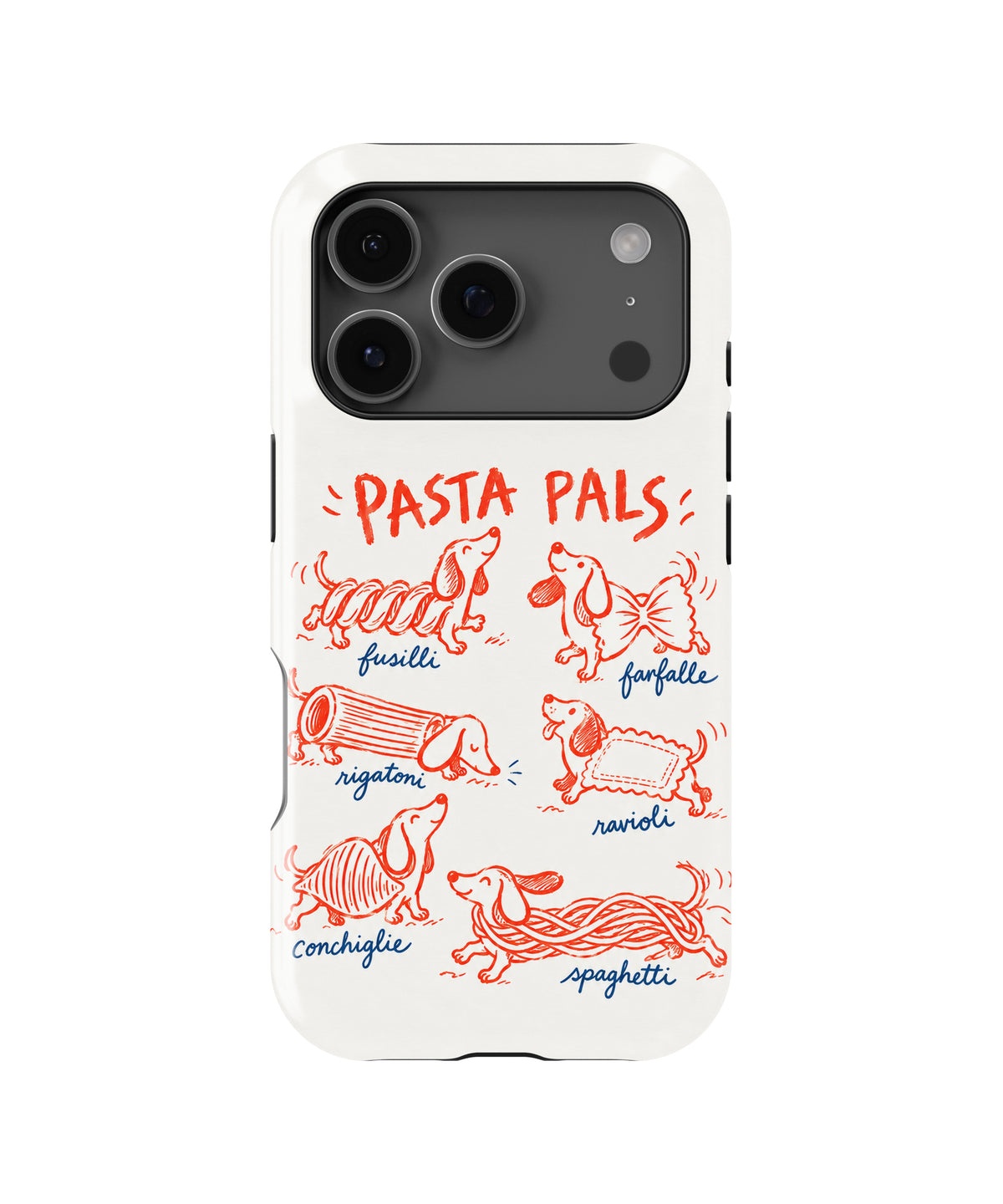 Pasta Pals Dachshund Doodles MagSafe iPhone Tough Case, rear view, iPhone17-18Pro model image group