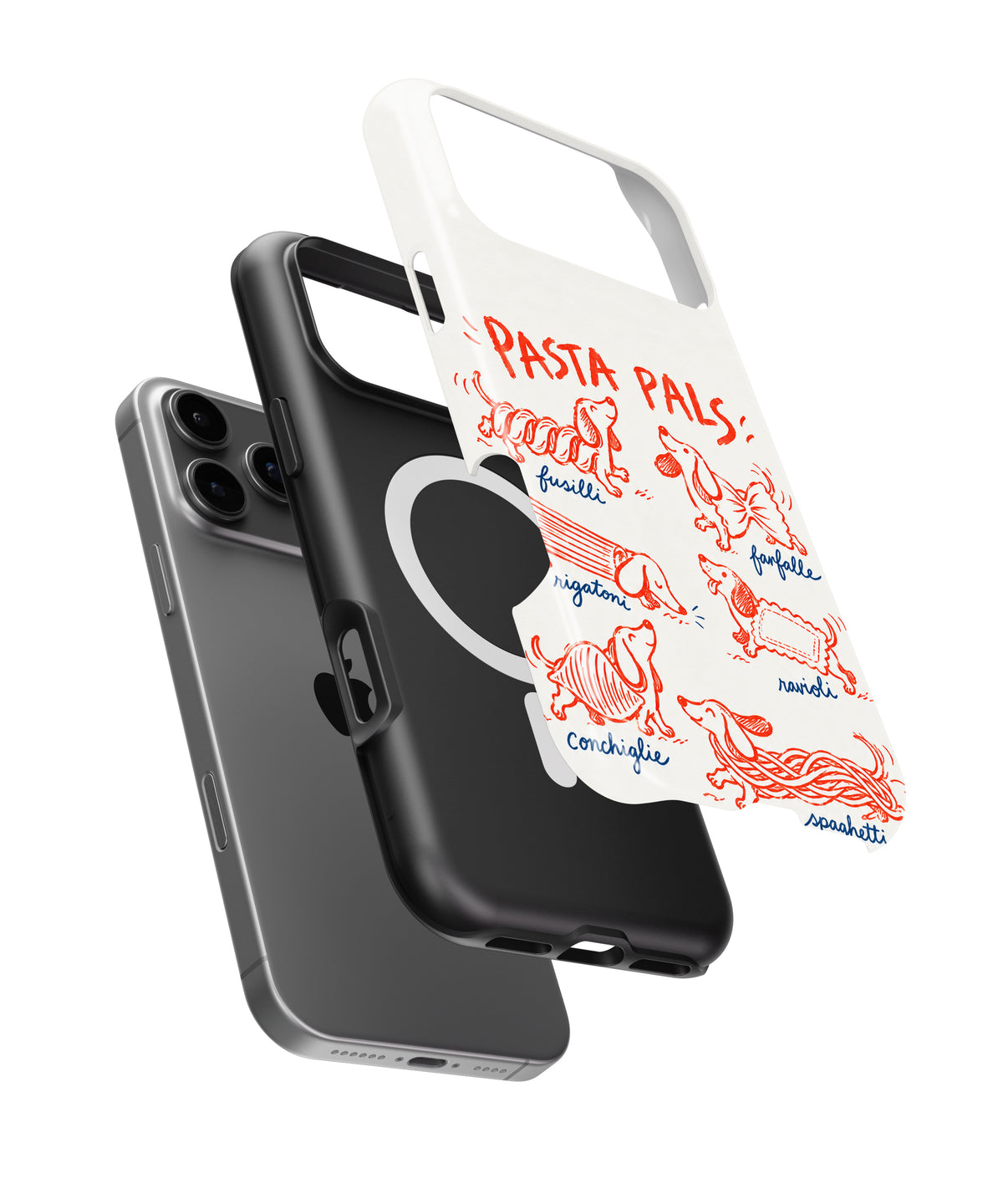 Pasta Pals Dachshund Doodles MagSafe iPhone Tough Case, exploded view showing outer shell, inner layer and magnetic ring