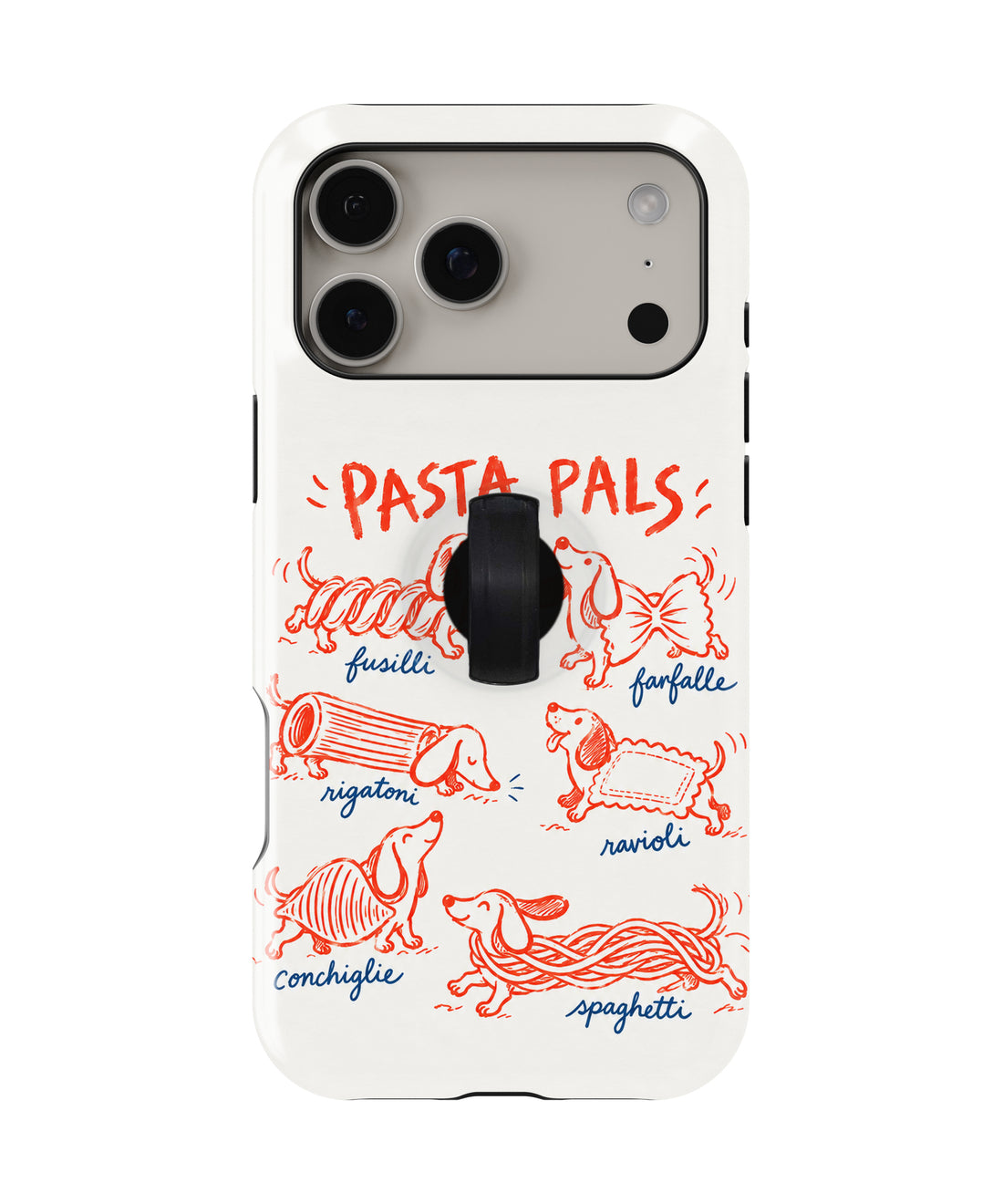 Pasta Pals Dachshund Doodles MagSafe Loop Case, rear view with finger loop folded flat