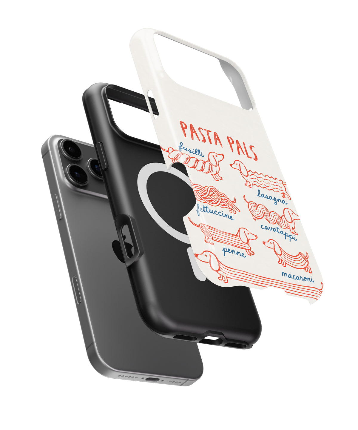 Pasta Pals Dachshund Noodle Chart MagSafe iPhone Tough Case, exploded view showing outer shell, inner layer and magnetic ring