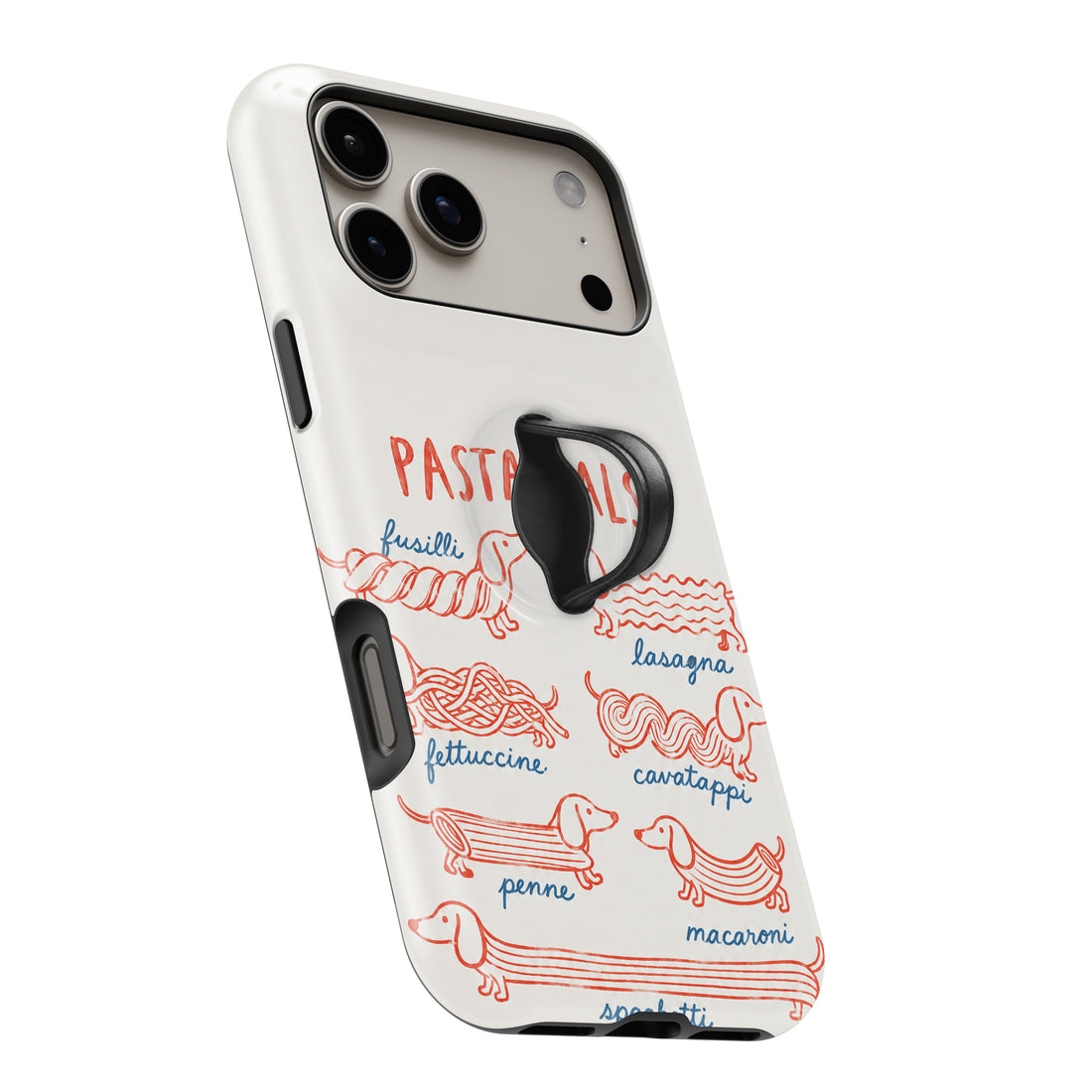 Pasta Pals Dachshund Noodle Chart MagSafe Loop Case, angled view with finger loop extended