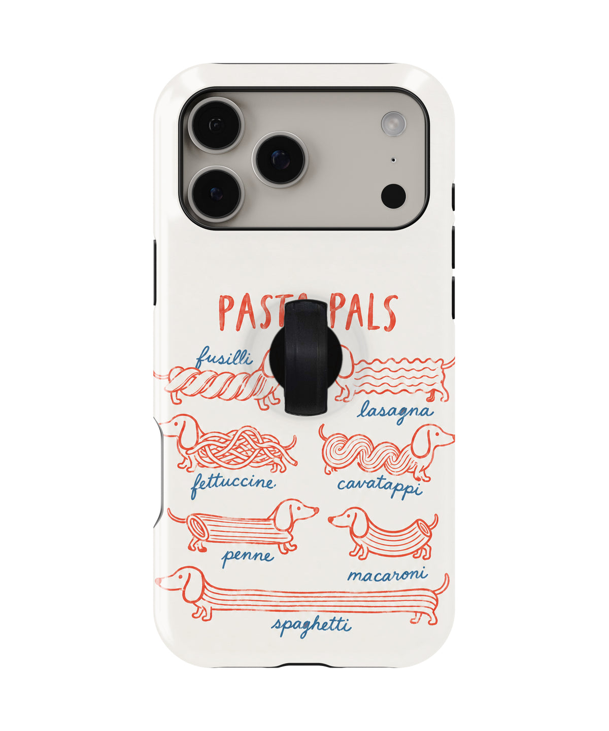 Pasta Pals Dachshund Noodle Chart MagSafe Loop Case, rear view with finger loop folded flat