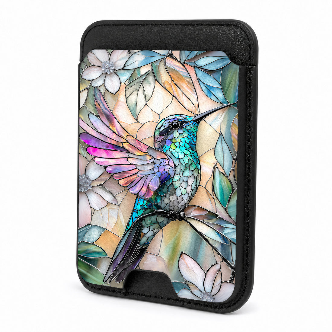 Front view of the Pastel Butterfly Stained Glass MagSafe card holder on a white background