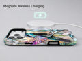 Pastel Butterfly Stained Glass MagSafe Loop iPhone Case shown with a MagSafe-compatible wireless charger attached