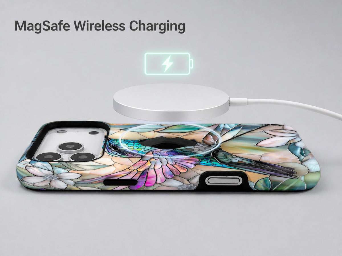 Pastel Butterfly Stained Glass MagSafe Loop iPhone Case shown with a MagSafe-compatible wireless charger attached