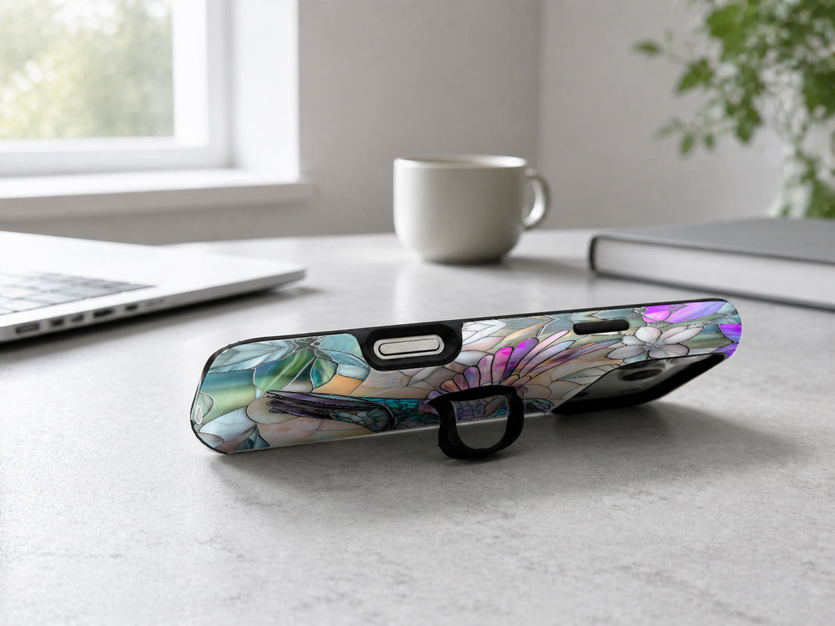 Pastel Butterfly Stained Glass MagSafe Loop iPhone Case shown in a neutral white professional lifestyle setting