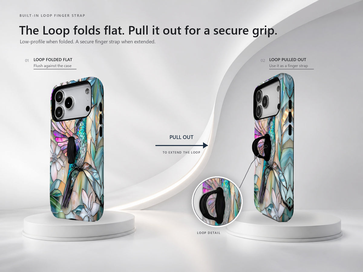 Pastel Butterfly Stained Glass MagSafe Loop iPhone Case side view showing the built-in finger loop
