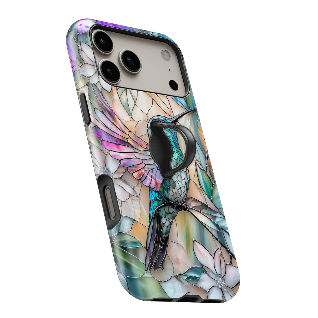 Pastel Butterfly Stained Glass MagSafe Loop iPhone case with built-in finger loop open