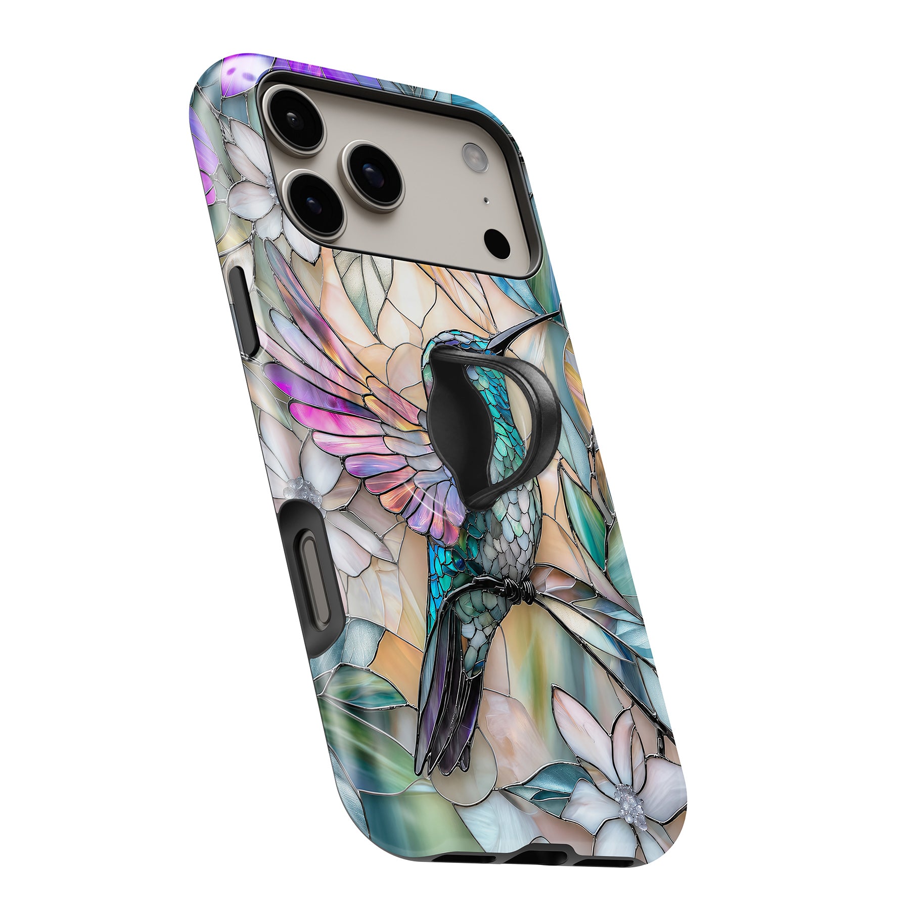 Pastel Butterfly Stained Glass MagSafe Loop iPhone case with built-in finger loop open