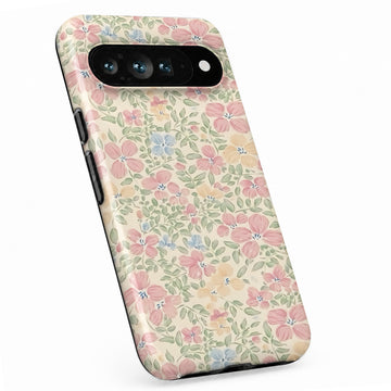 Pastel Cottage Garden Floral Google Pixel case with botanical flowers and leaves