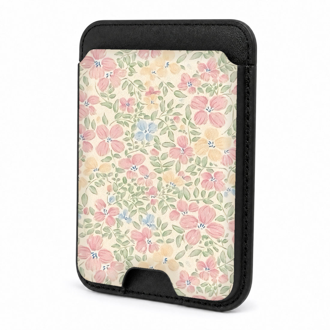 Front view of the Pastel Cottage Garden Floral MagSafe card holder on a white background