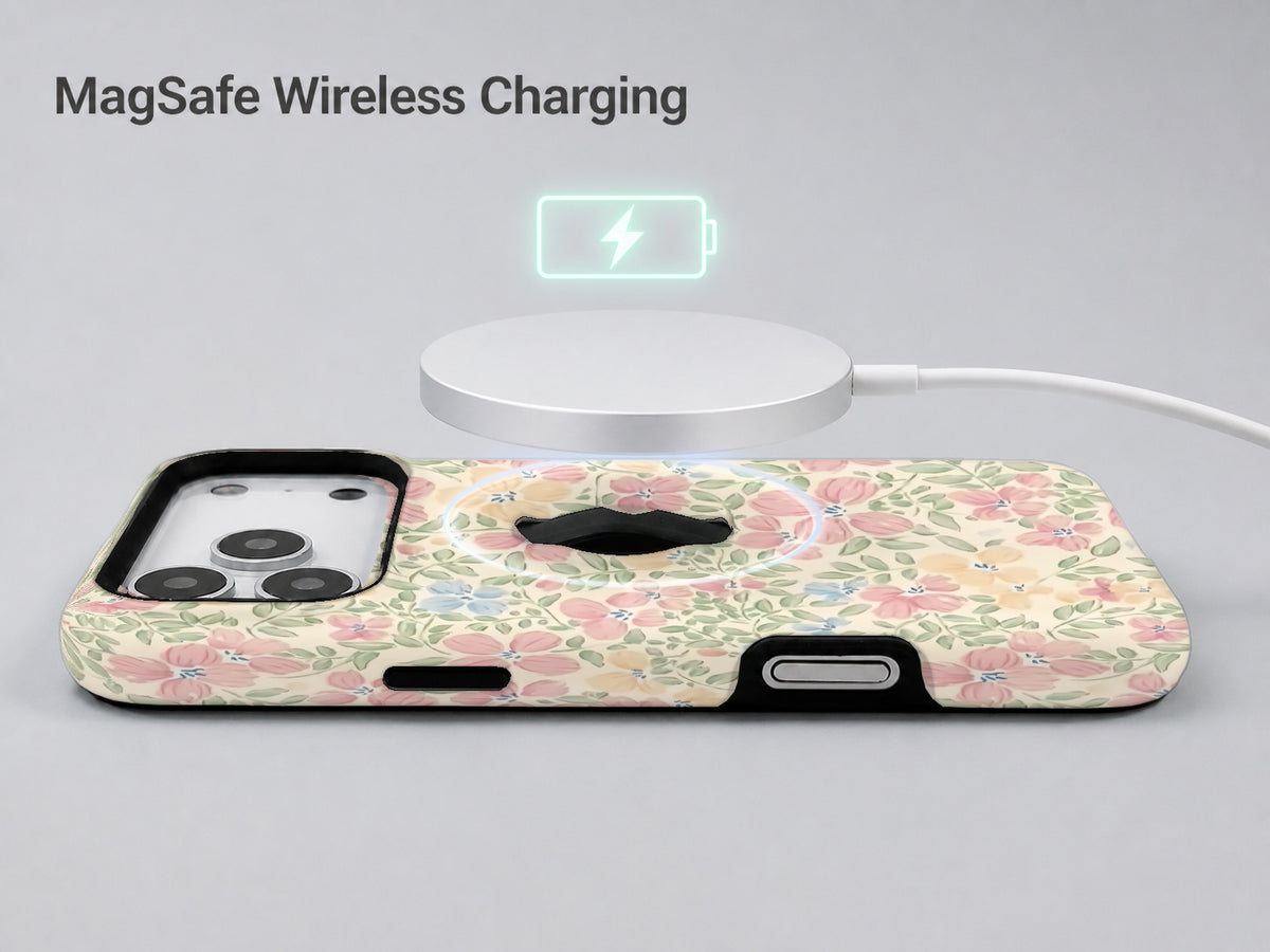 Pastel Cottage Garden Floral MagSafe Loop iPhone Case shown with a MagSafe-compatible wireless charger attached