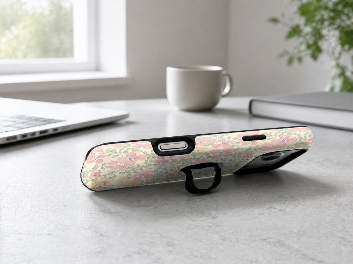 Pastel Cottage Garden Floral MagSafe Loop iPhone Case shown in a neutral white professional lifestyle setting