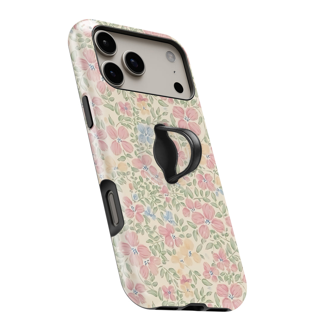 Pastel Cottage Garden Floral MagSafe Loop iPhone case with built-in finger loop open