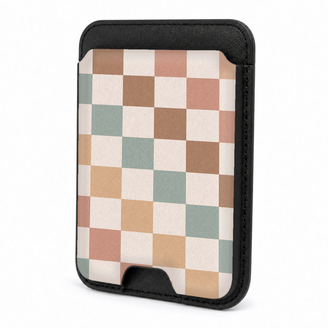 Front view of the Pastel Multicolor Checkerboard MagSafe card holder on a white background