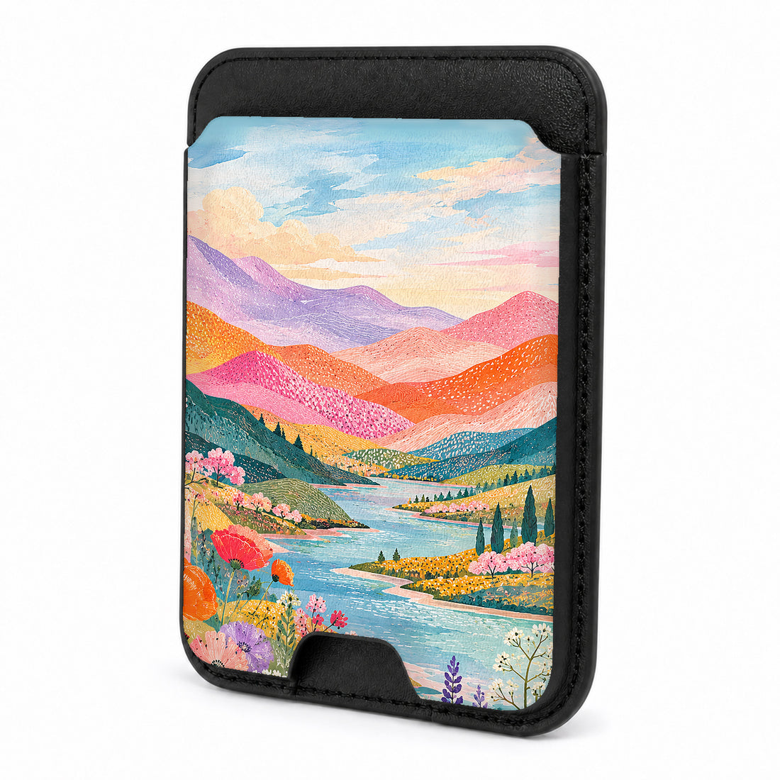 Front view of the Pastel Painted Meadow Landscape MagSafe card holder on a white background