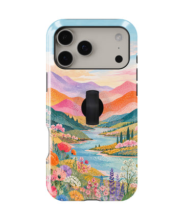 Pastel Painted Meadow Landscape MagSafe Loop iPhone Case with built-in finger loop closed