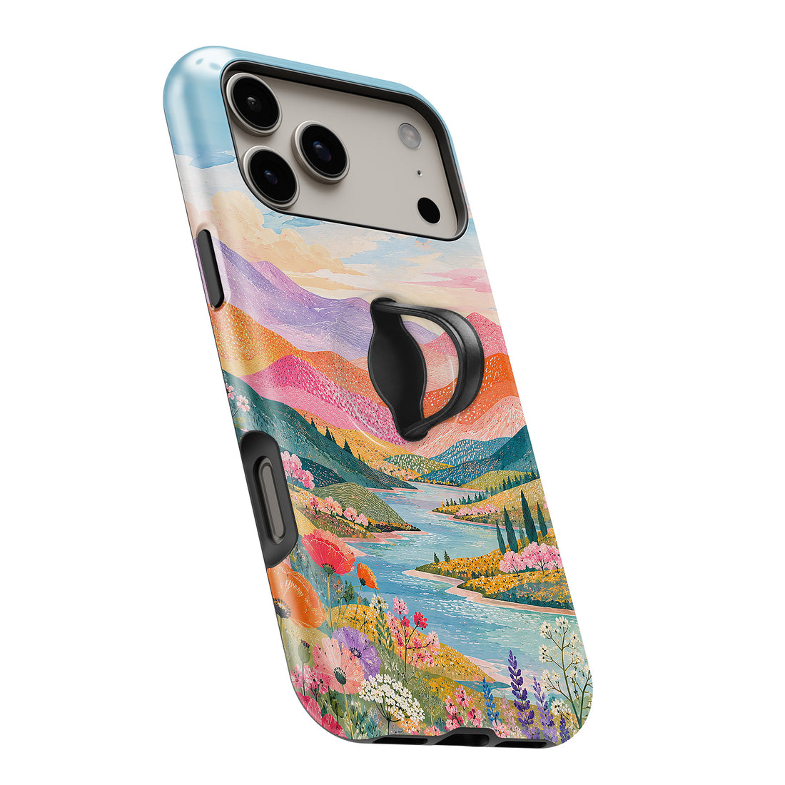 Pastel Painted Meadow Landscape MagSafe Loop iPhone case with built-in finger loop open