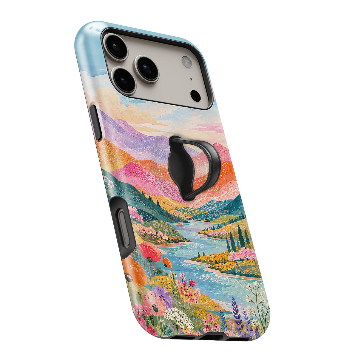 Pastel Painted Meadow Landscape MagSafe Loop iPhone case with built-in finger loop open