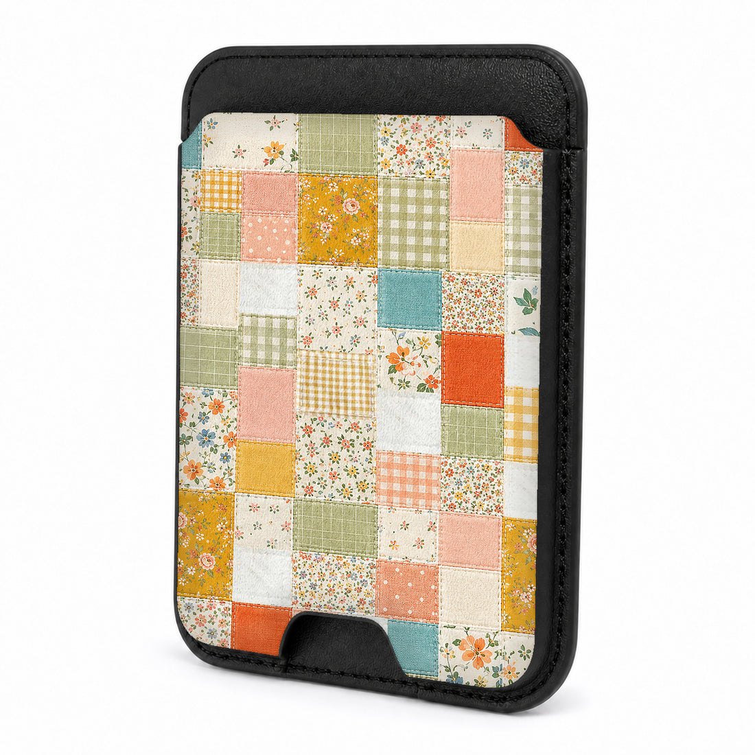 Front view of the Pastel Quilt Patchwork MagSafe card holder on a white background
