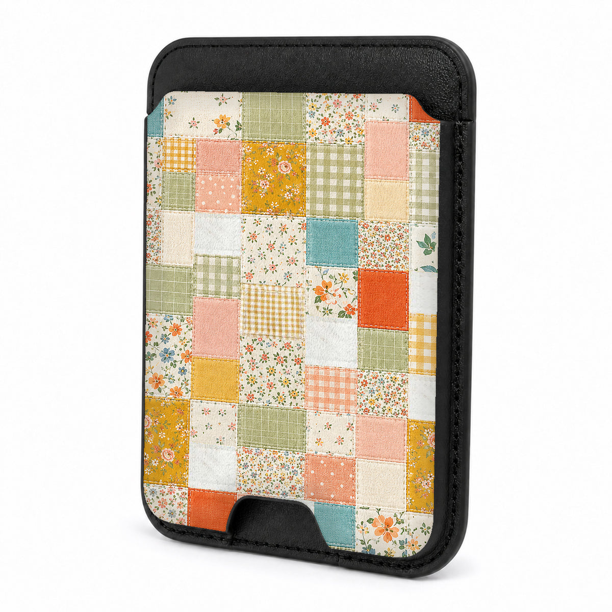 Front view of the Pastel Quilt Patchwork MagSafe card holder on a white background