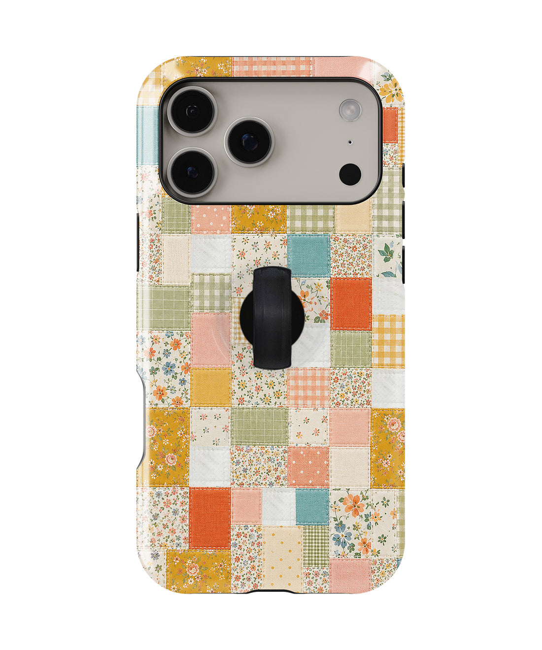 Pastel Quilt Patchwork MagSafe Loop iPhone Case with built-in finger loop closed