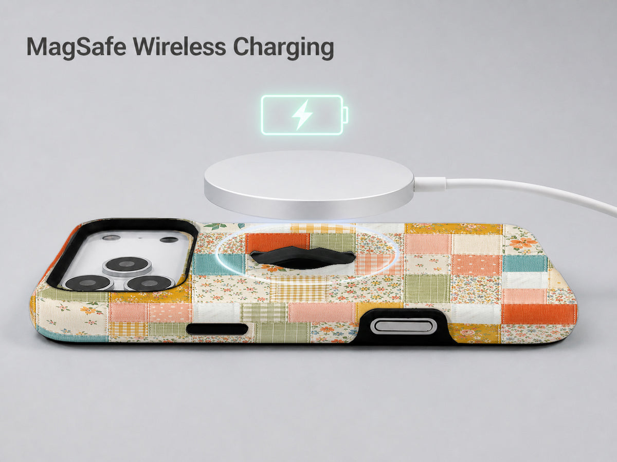 Pastel Quilt Patchwork MagSafe Loop iPhone Case shown with a MagSafe-compatible wireless charger attached