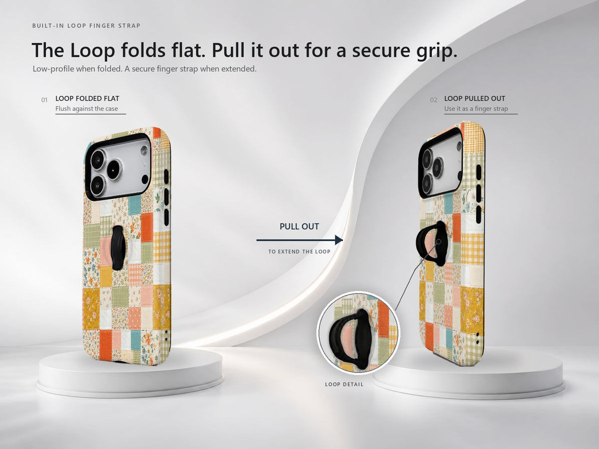 Pastel Quilt Patchwork MagSafe Loop iPhone Case side view showing the built-in finger loop