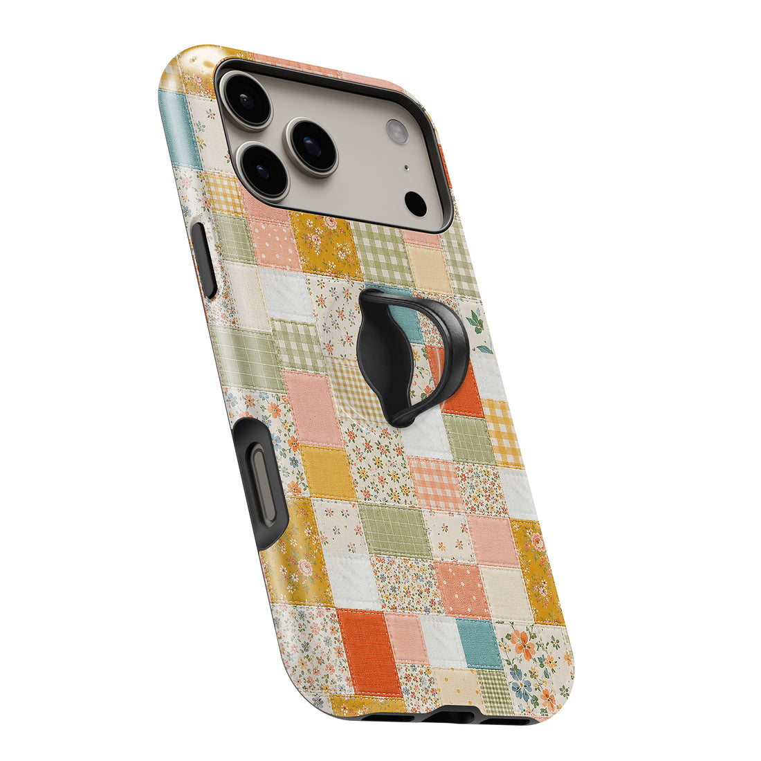 Pastel Quilt Patchwork MagSafe Loop iPhone case with built-in finger loop open