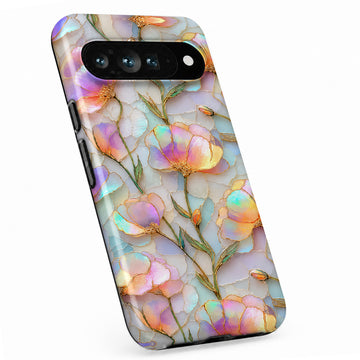 Pastel Tulip Stained Glass Google Pixel case with botanical flowers and leaves