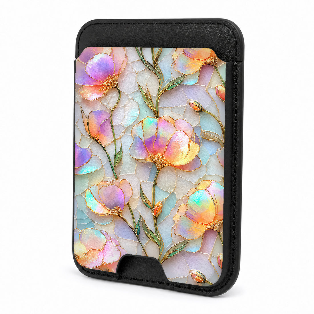 Front view of the Pastel Tulip Stained Glass MagSafe card holder on a white background