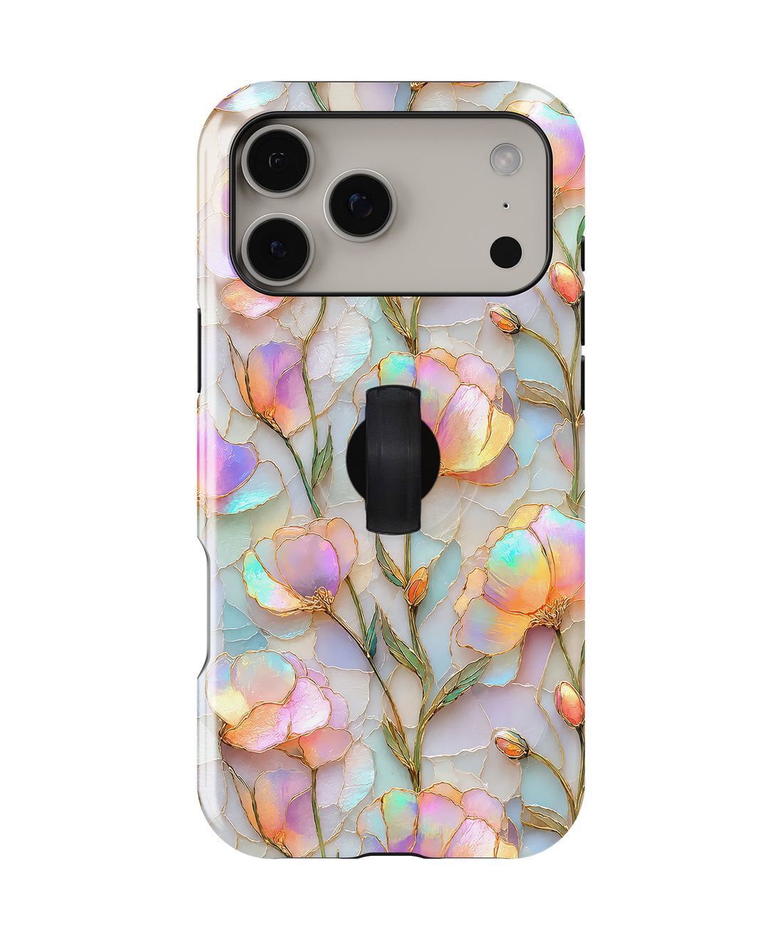Pastel Tulip Stained Glass MagSafe Loop iPhone Case with built-in finger loop closed