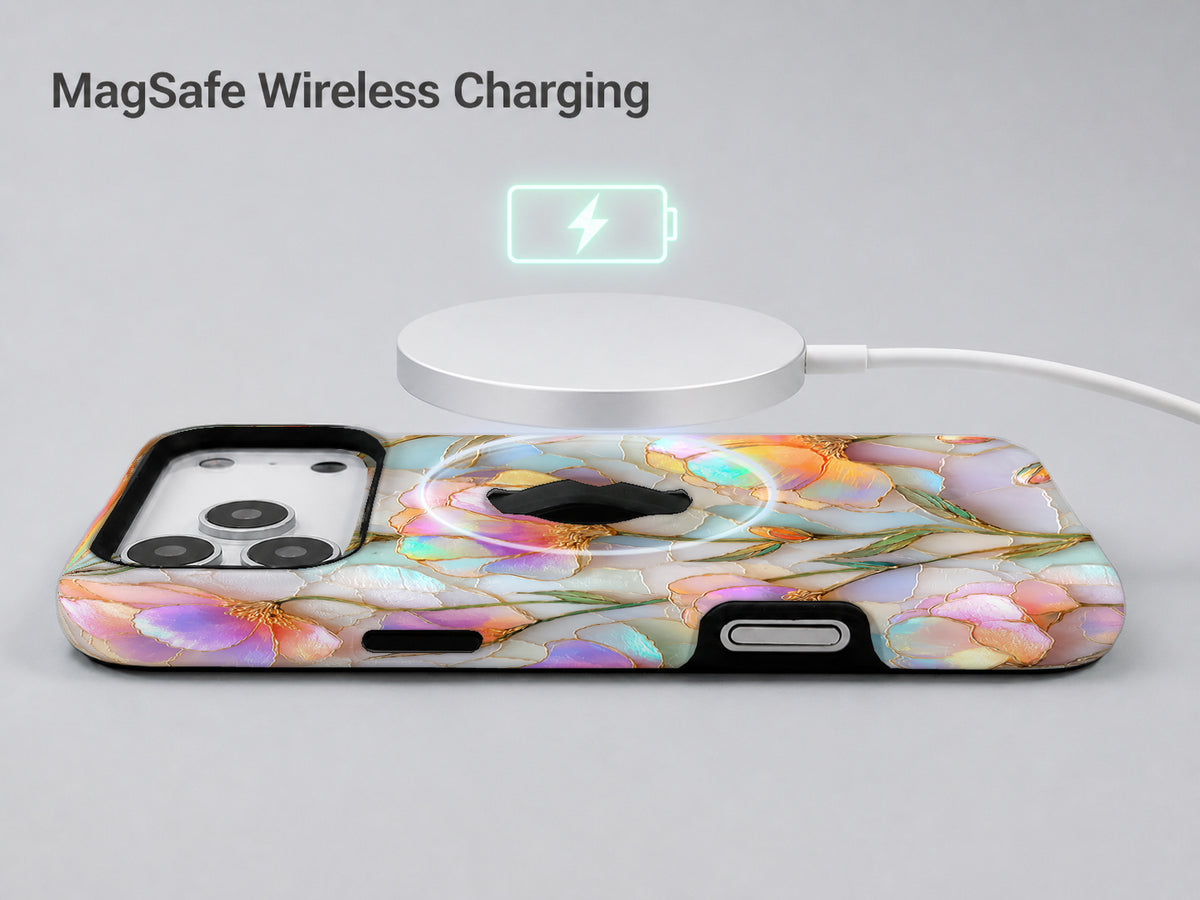 Pastel Tulip Stained Glass MagSafe Loop iPhone Case shown with a MagSafe-compatible wireless charger attached