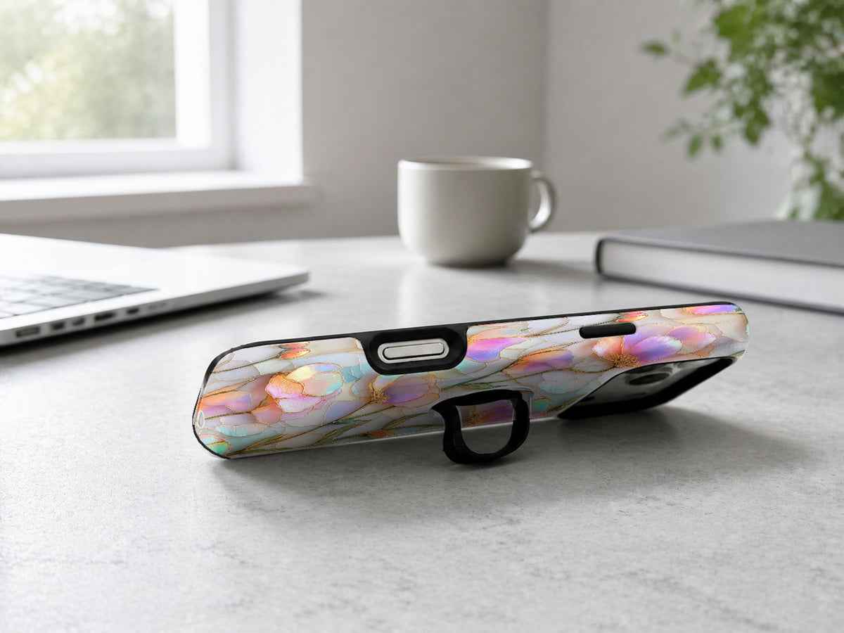 Pastel Tulip Stained Glass MagSafe Loop iPhone Case shown in a neutral white professional lifestyle setting