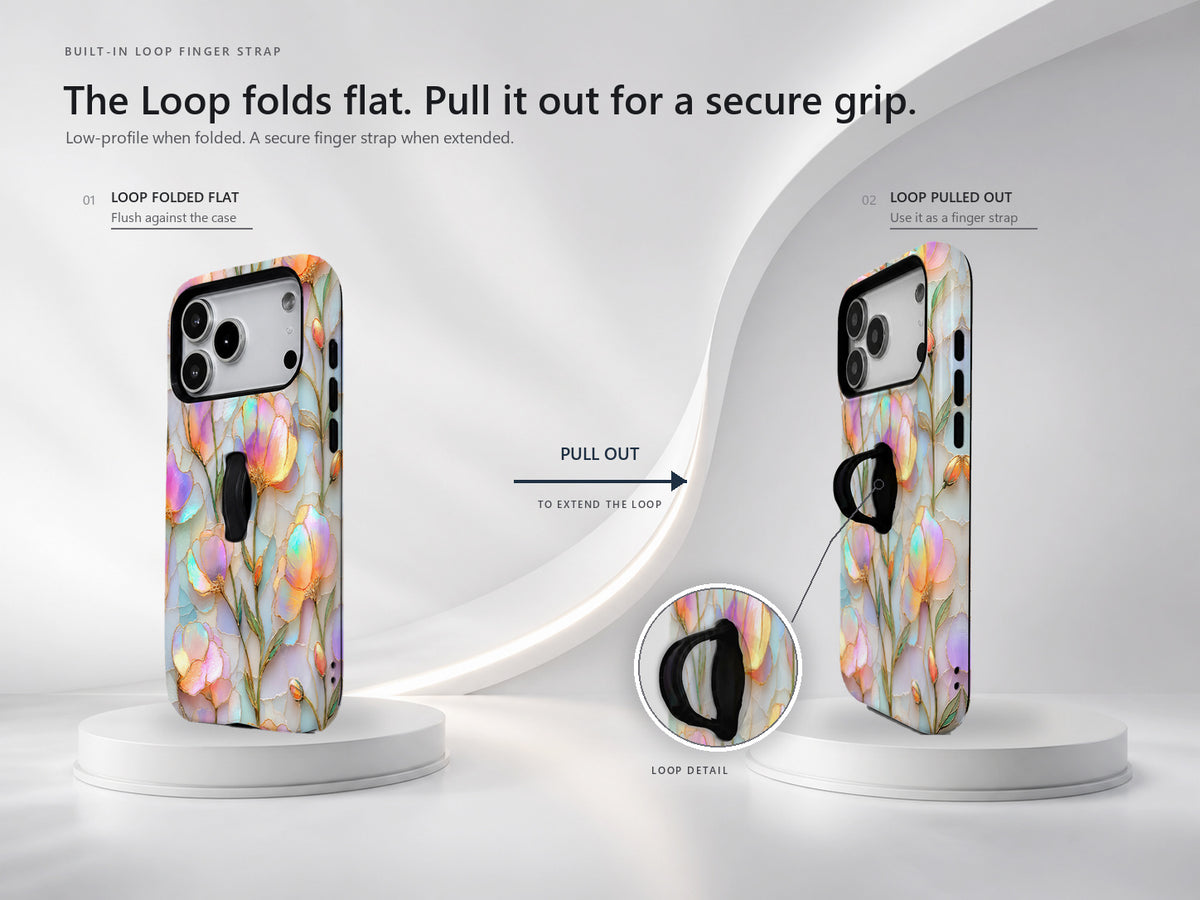 Pastel Tulip Stained Glass MagSafe Loop iPhone Case side view showing the built-in finger loop