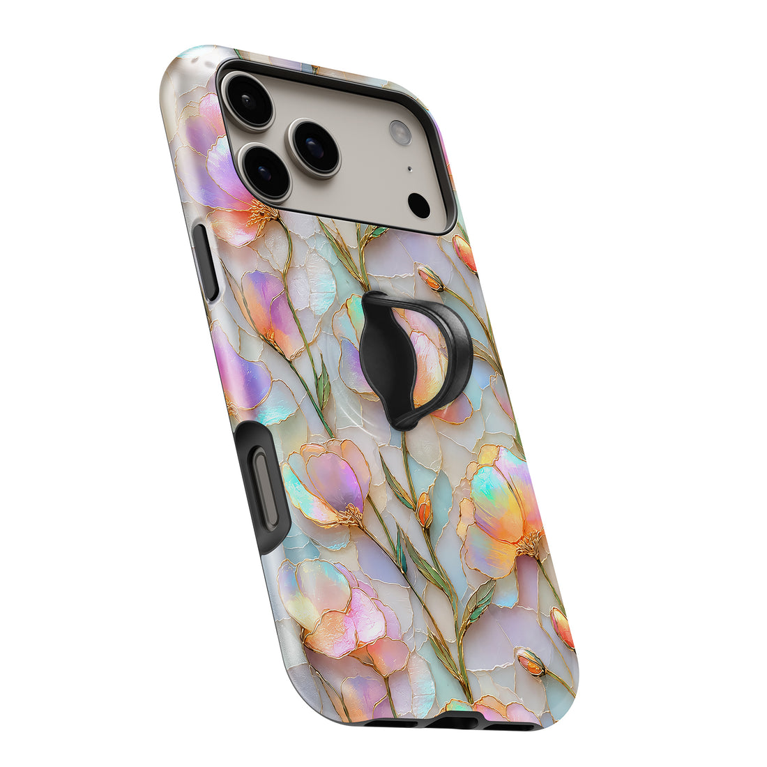 Pastel Tulip Stained Glass MagSafe Loop iPhone case with built-in finger loop open