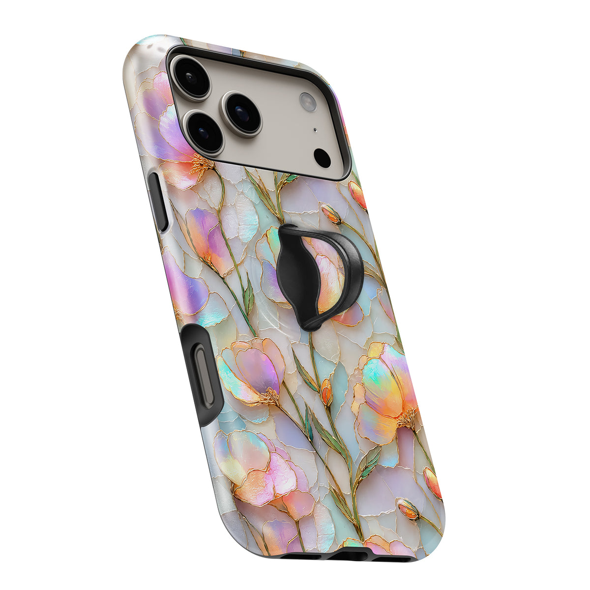 Pastel Tulip Stained Glass MagSafe Loop iPhone case with built-in finger loop open