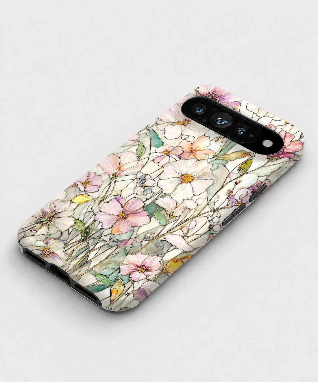 Pastel Wildflower Stained Glass Google Pixel case with botanical flowers and leaves