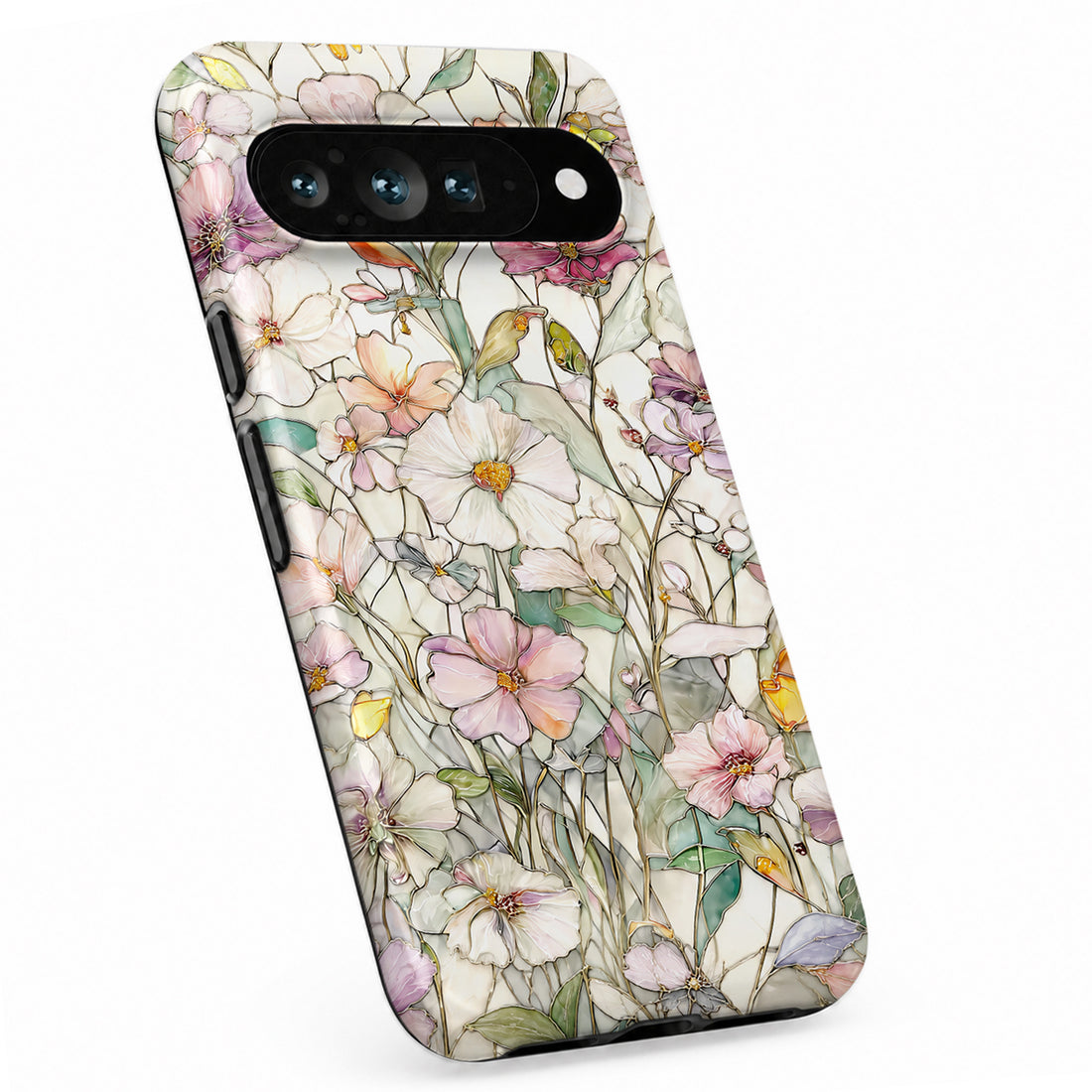 Pastel Wildflower Stained Glass Google Pixel case with botanical flowers and leaves