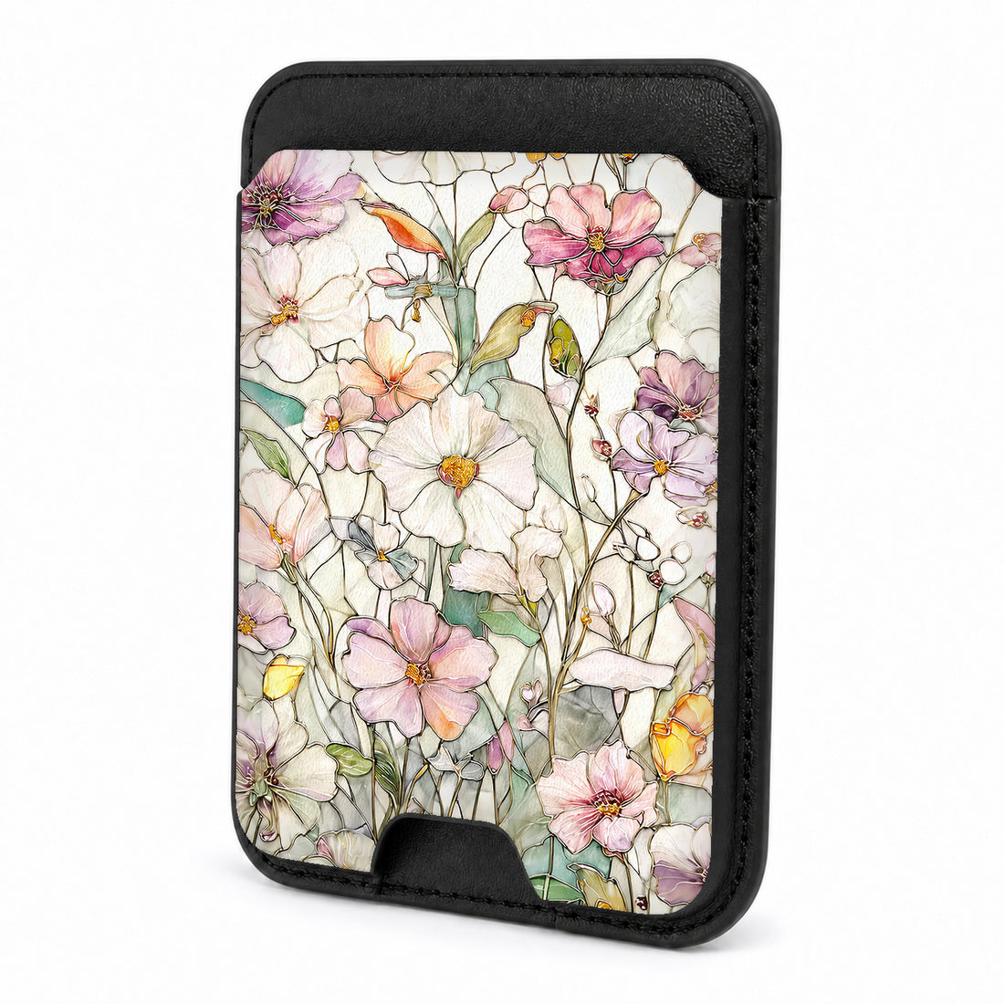Front view of the Pastel Wildflower Stained Glass MagSafe card holder on a white background
