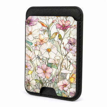 Front view of the Pastel Wildflower Stained Glass MagSafe card holder on a white background